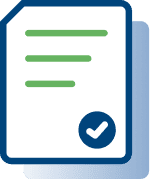 Icon of a document with green lines and a blue tick in a circle at the bottom right corner.