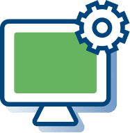 Icon of a computer monitor with a green screen and a cog symbol in the top right corner.