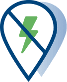 A map pin with a green lightning bolt crossed out by a blue diagonal line.