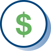 Green dollar sign in the centre of a white circle with a blue border and shadow.