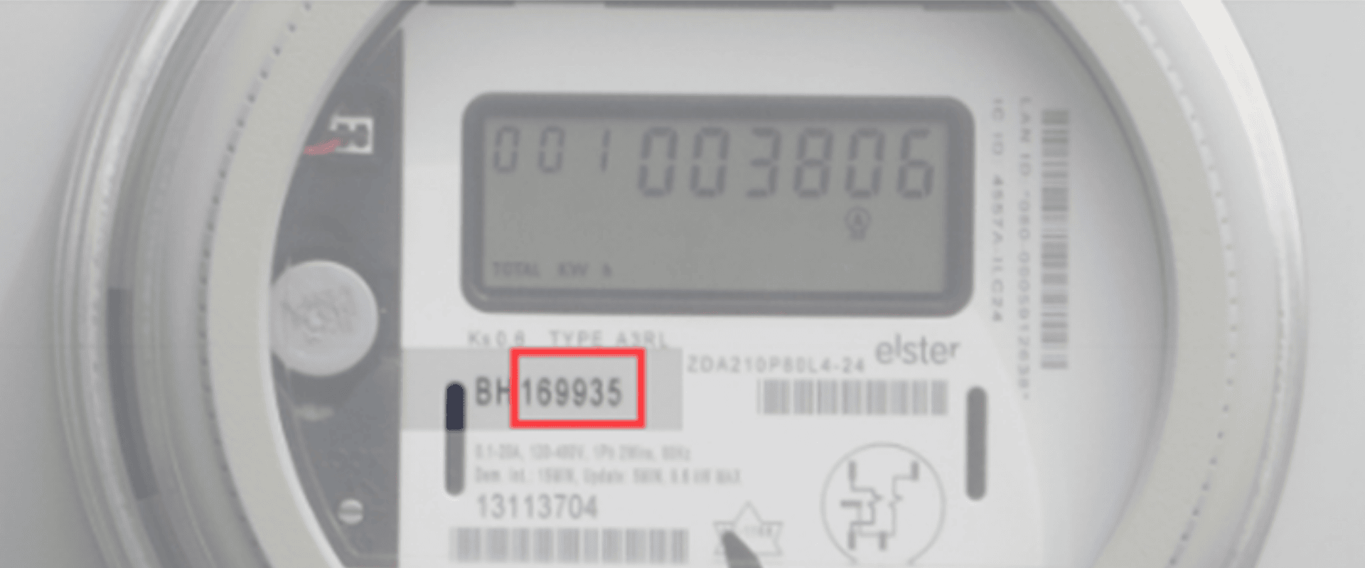 A digital electricity meter displays the reading 003806 and the number 169935 highlighted in red on a label.