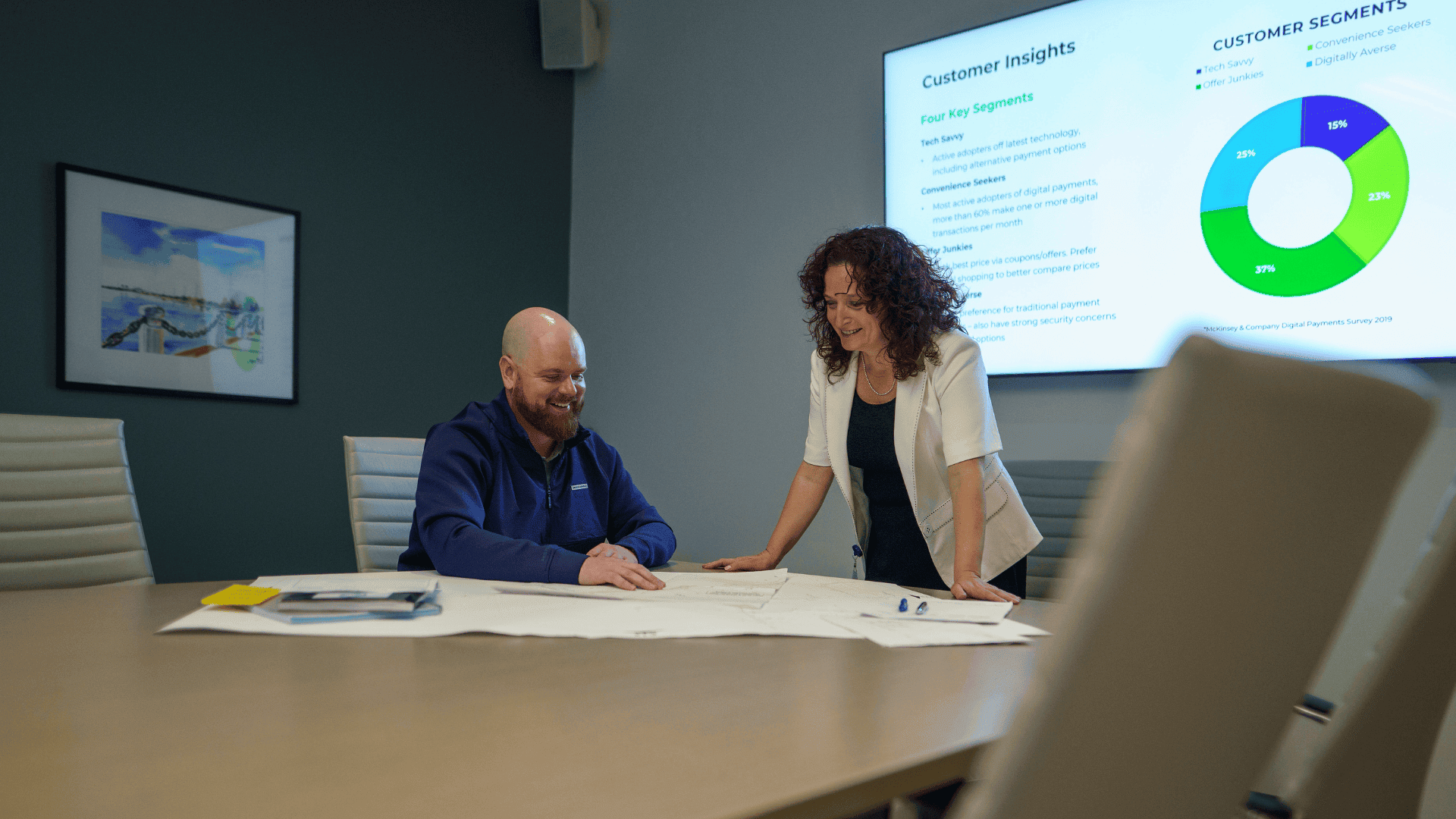 Two colleagues review documents at a conference table, with a customer insights presentation displayed on a screen behind them.