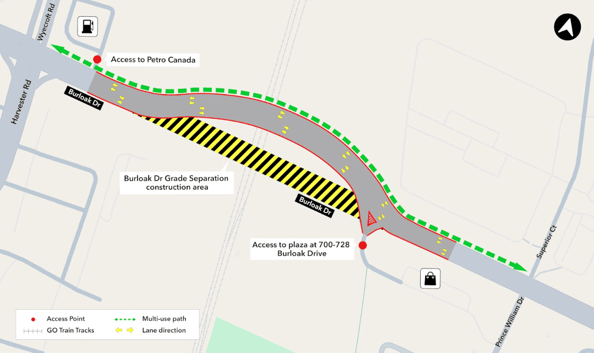 Map showing Burloak Dr Grade Separation construction area, lane directions, access points, and multi-use path in Oakville.