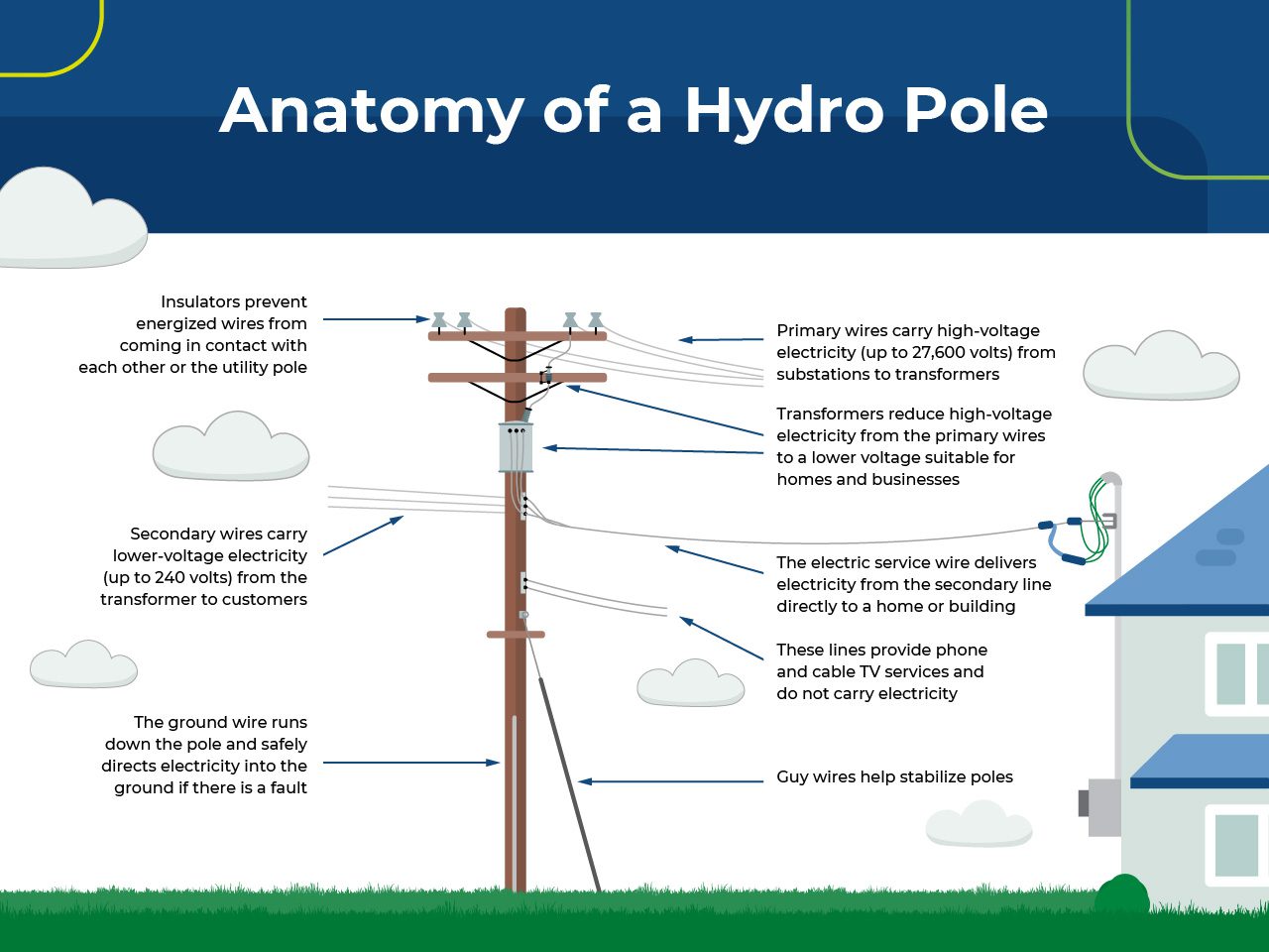 Diagram of a hydro pole with labelled parts including wires, transformer, insulators, earthing wire, and stay wires.