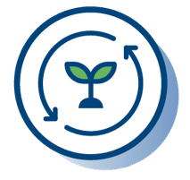 A circular arrow surrounds a small green plant sprout, symbolising growth and sustainability.