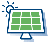 Illustration of a solar panel with a sun icon in the background, representing solar energy generation.
