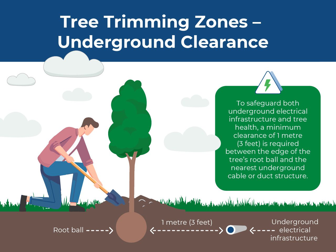 Illustration showing a person digging near a tree with a 1 metre clearance from underground electrical infrastructure.