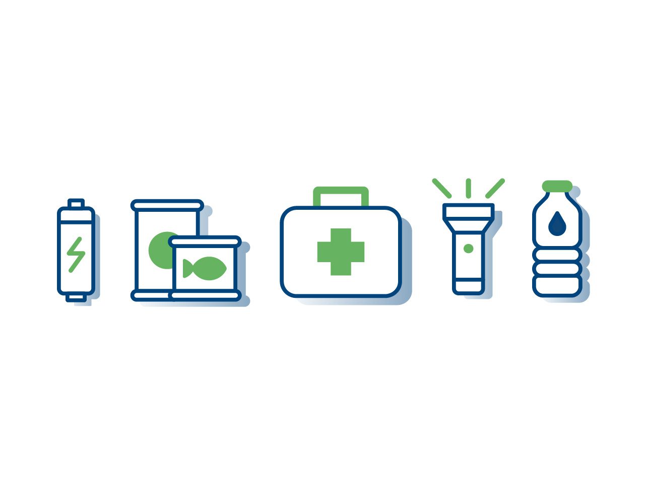 Icons of a battery, tinned food, first aid kit, torch, and water bottle, representing emergency supplies.