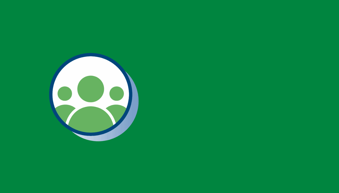 Icon of three green human figures in a white circle with a blue border, on a solid green background.