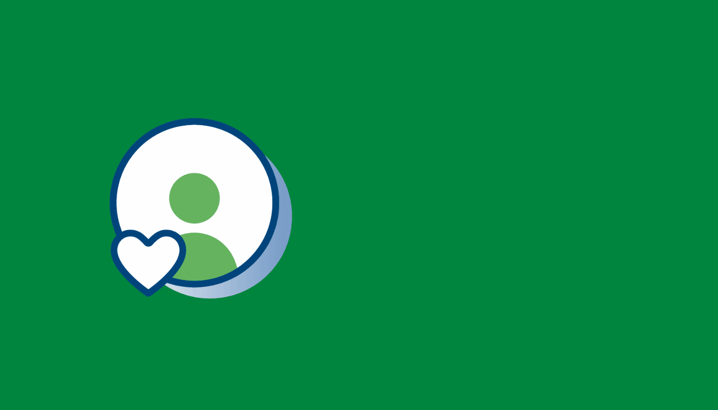 Simple icon of a person inside a circle with a heart shape, on a green background.