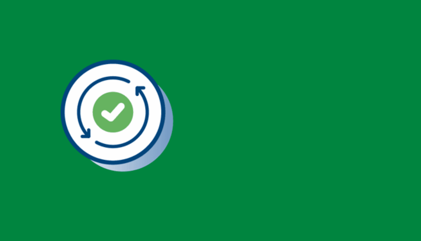 Circular icon with a green tick and two blue arrows on a solid green background, at left side of the image.