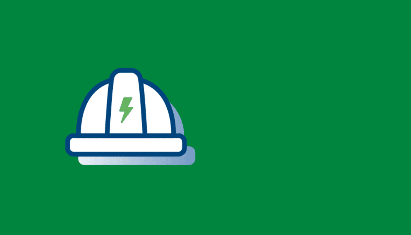 White hard hat with a green lightning bolt on it, set against a solid green background.