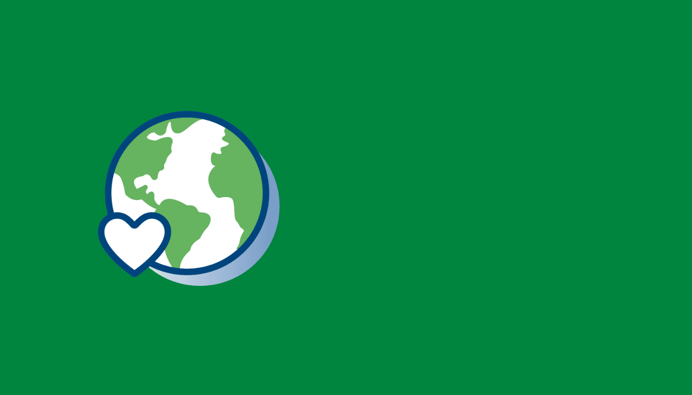 Illustration of Earth with a heart icon in front, on a green background with empty space to the right.