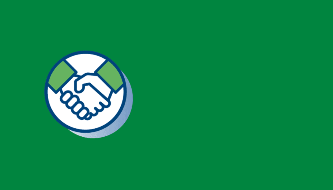 Icon of two hands shaking inside a circle on a green background.