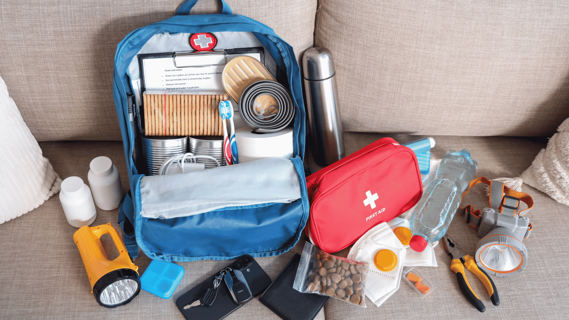 Emergency kit with food, water, torch, first aid, documents, and supplies displayed on a sofa.